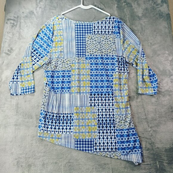 Susan Graver Womens‎ XL Asymmetrical Tunic Top Blue Yellow Patchwork Geometric - Picture 5 of 8
